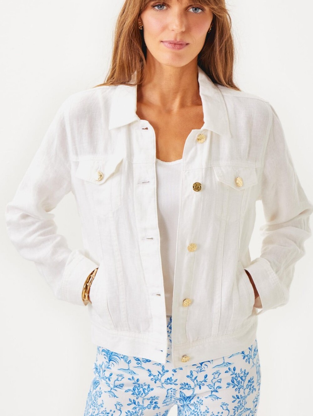 Lilly Pulitzer Seaspray Linen Jacket Blazer White Gold Buttons Pockets Women's L